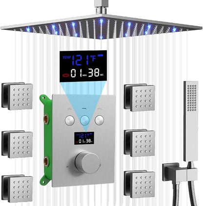 Brushed Nickel Thermostatic Shower System Full Body Rain Shower System AYIVG Temperature Display Shower Faucets Sets 12 Inch LED Rain Ceiling Shower System With 6PCS Body Spray Can Run Together