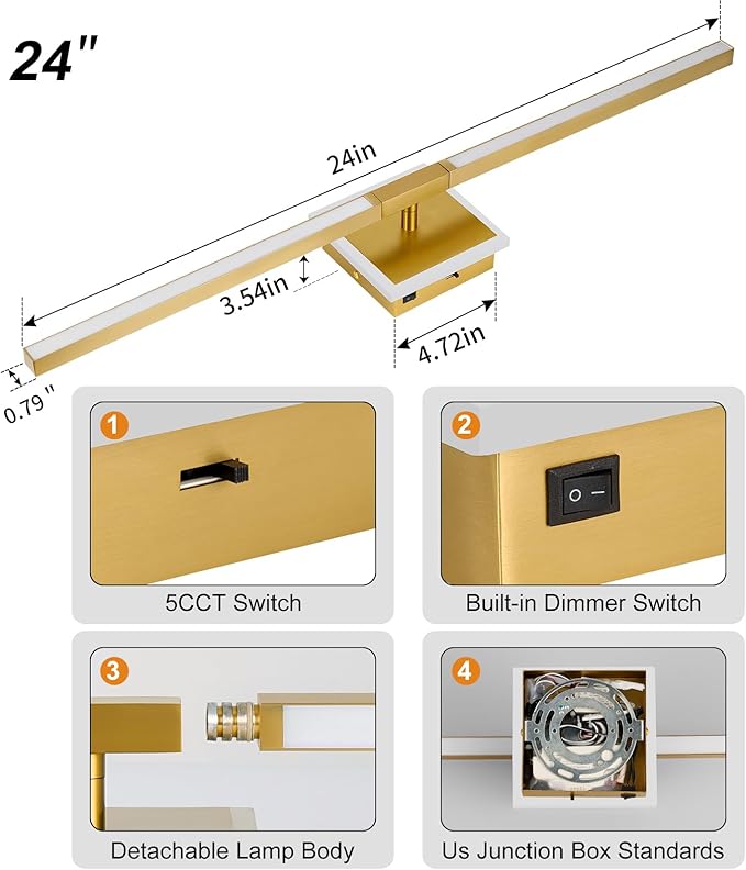 Gold Bathroom Vanity Light Fixtures Over Mirror, Modern 5CCT Adjustable Led Vanity Lights Fixture with RGB Ambiance Lighting, 24 Inch Bar Bathroom Sconce Picture Lights for Wall