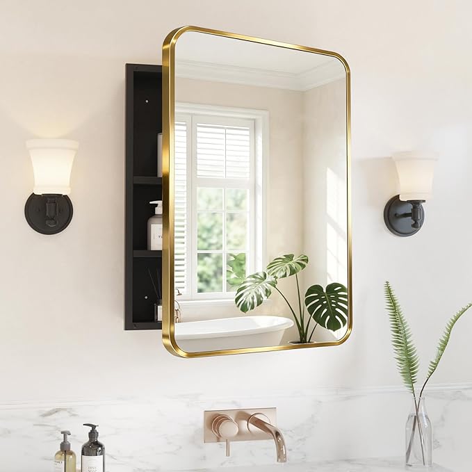 Medicine Cabinet Mirror 20x26 Inch, Gold Bathroom Mirror Cabinet with Stepless Adjustable Shelves, Stainless Steel Frame, Bathroom Mirror with Storage Recessed or Wall Mount