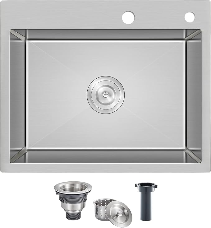 22"x18" Drop-In Single Bowl Kitchen Sink 304 Stainless Steel Brushed | 22 inch Drop-in Sink | SUS304 SS Handmade | Topmount/Overmount | 9" Deep Basin | Single bowl | Moden kitchen/prep