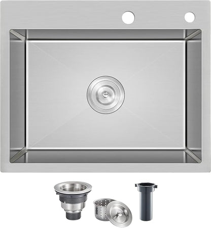 22"x18" Drop-In Single Bowl Kitchen Sink 304 Stainless Steel Brushed | 22 inch Drop-in Sink | SUS304 SS Handmade | Topmount/Overmount | 9" Deep Basin | Single bowl | Moden kitchen/prep