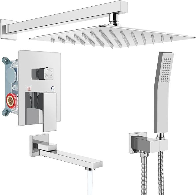 gotonovo Tub Shower Faucet Set with Valve Kit 10’’ Head,Polished Chrome | Shower System with Tub Spout,SUS304 Rain Head with Handheld Sprayer,Swivel Spout,All Metal,Rough-In Valve Trim Kit,Wall Mount