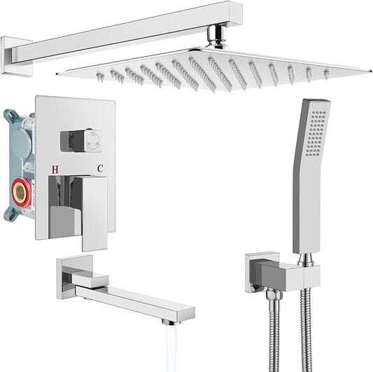 gotonovo Tub Shower Faucet Set with Valve Kit 10’’ Head,Polished Chrome | Shower System with Tub Spout,SUS304 Rain Head with Handheld Sprayer,Swivel Spout,All Metal,Rough-In Valve Trim Kit,Wall Mount