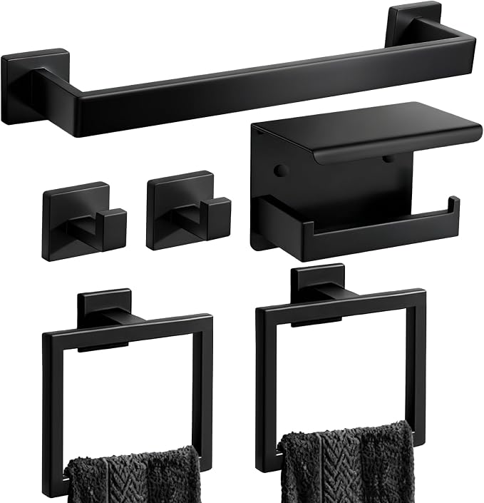 Matte Black Bathroom Hardware Set 6-Piece, Stainless Steel Black Bathroom Accessories, 16" Towel Bar, Toilet Paper Holder with Shelf, 2 Towel Rings & 2 Heavy-Duty Hooks, Wall Mounted for Bathroom