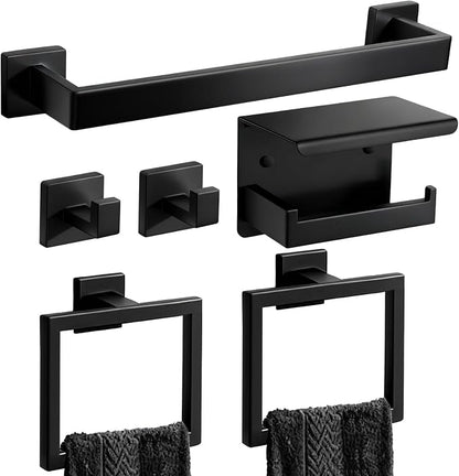 Matte Black Bathroom Hardware Set 6-Piece, Stainless Steel Black Bathroom Accessories, 16" Towel Bar, Toilet Paper Holder with Shelf, 2 Towel Rings & 2 Heavy-Duty Hooks, Wall Mounted for Bathroom