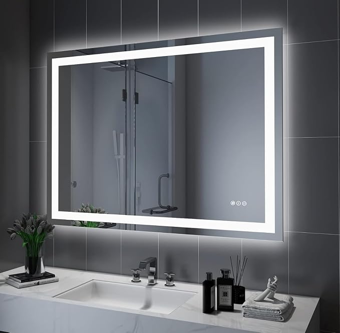 LED Bathroom Mirror 48"X32" with Front Light and Backlit | Stepless Dimmable, Anti-Fog, Shatter-Proof, HD Reflection, Memory, 3 Colors Lighting, UL Listed (Horizontal/Vertical).
