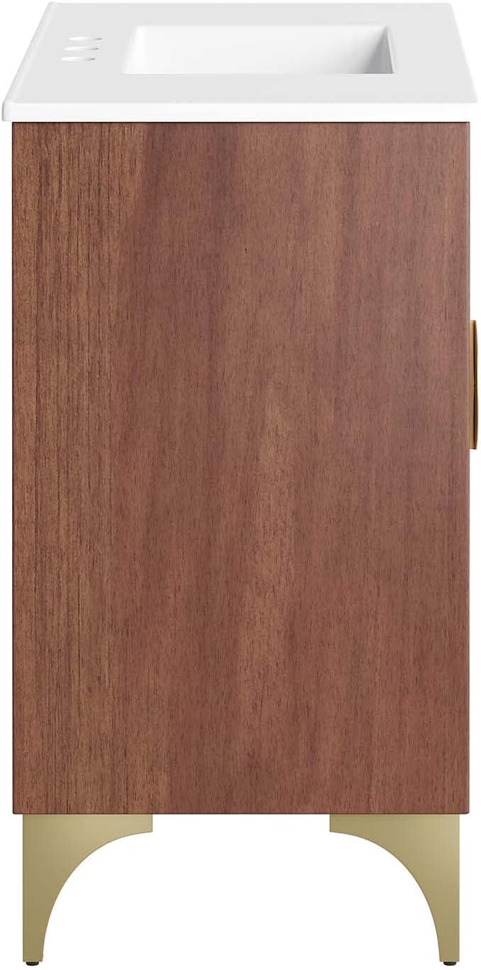 Modway Daylight Bathroom Vanity Cabinet with Ceramic Sink Basin, 36 Inch, White Walnut
