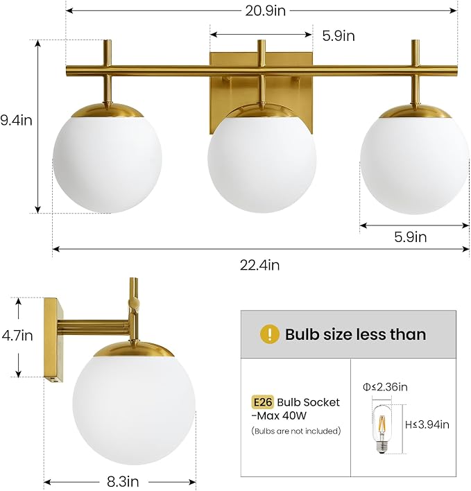 AIJIASI Gold Bathroom Light Fixtures, 3-Light Bathroom Vanity Light Over Mirror, Modern Vanity Lighting Fixtures with Milky White Globe Glass Shade, 22.4 inch Wall Sconce Light (Exclude E26 Bulb)
