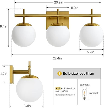 AIJIASI Gold Bathroom Light Fixtures, 3-Light Bathroom Vanity Light Over Mirror, Modern Vanity Lighting Fixtures with Milky White Globe Glass Shade, 22.4 inch Wall Sconce Light (Exclude E26 Bulb)