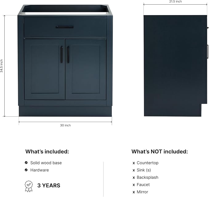 ARIEL Hepburn 30-inch Bathroom Vanity Base Cabinet,Solid Wood, 2 Soft Closing Doors, 1 Dovetail Drawers, Midnight Blue
