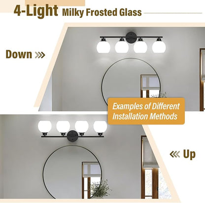 Matte Black Bathroom Light Fixtures, 4-Light Vanity Light Over Mirror | Modern Bathroom Lighting Over Mirror, Wall Sconces, Milky White Globe Glass Shades, E26 Socket,ETL Listed