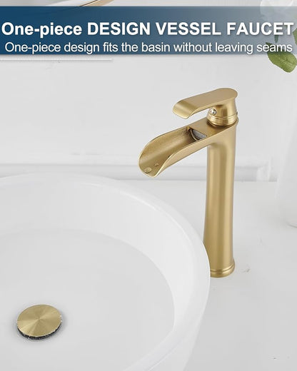 Vessel Sink Faucet, Tall Brass Waterfall Bathroom Faucet 1 Handle Gold Faucets for Bathroom Vanity 1 Hole with Pop-Up Drain & Supply Hoses