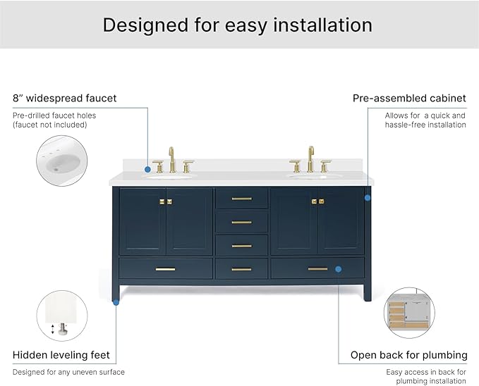 ARIEL Cambridge 72-inch Bathroom Vanity with Sink,Solid Wood, 1.5-inch Pure White Quartz Countertop & Backsplash, Double Oval Porcelain Sink, 4 Soft Closing Doors, 6 Dovetail Drawers, Midnight Blue