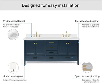 ARIEL Cambridge 72-inch Bathroom Vanity with Sink,Solid Wood, 1.5-inch Pure White Quartz Countertop & Backsplash, Double Oval Porcelain Sink, 4 Soft Closing Doors, 6 Dovetail Drawers, Midnight Blue
