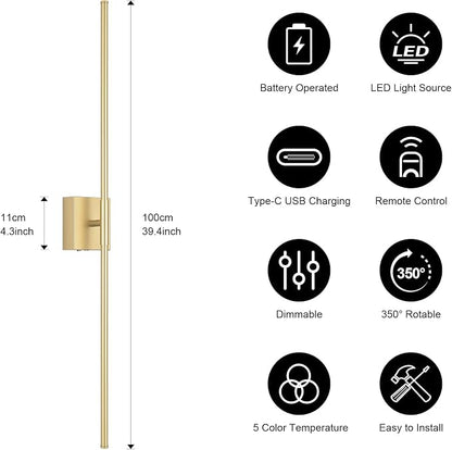 Battery Operated Wall Sconce, 3000K-6000K Dimmable Gold Wall Lights with Remote Control, Timable LED Wireless Wall Sconces, 350° Ratate for Bathroom, Living Room, Hallway 39.4 Inch 1 Pack