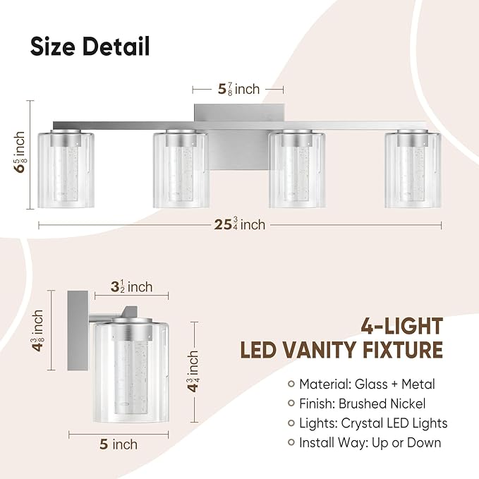 LED Modern Bathroom Light Fixtures Over Mirror, 4-Light Brushed Nickel Vanity Lights with 5 Color Modes, Dimmable Bathroom Vanity Light with Crystal Bubble Glass, 2700K-6500K Adjustable, ETL