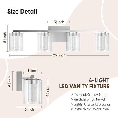 LED Modern Bathroom Light Fixtures Over Mirror, 4-Light Brushed Nickel Vanity Lights with 5 Color Modes, Dimmable Bathroom Vanity Light with Crystal Bubble Glass, 2700K-6500K Adjustable, ETL