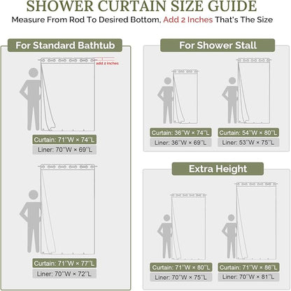 RiverDream Farmhouse No Hooks Shower Curtain with Snap-in Liner,Green,71x74 | Snap on Fabric Liner,Heavy Duty,Quick Dry,With Bottom Magnets,Washable,with Tassels, Rustic Boho Farmhouse,Standard Size
