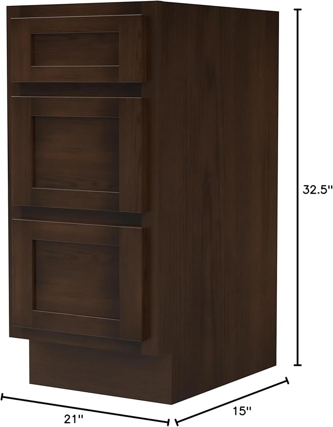 HomeBeyond 15 Inch Bathroom Vanity Base Only, Single Vanity Cabinet with 3 Dove-Tailed Drawers, Composable Floor Mount Cabinets without Top, Brown