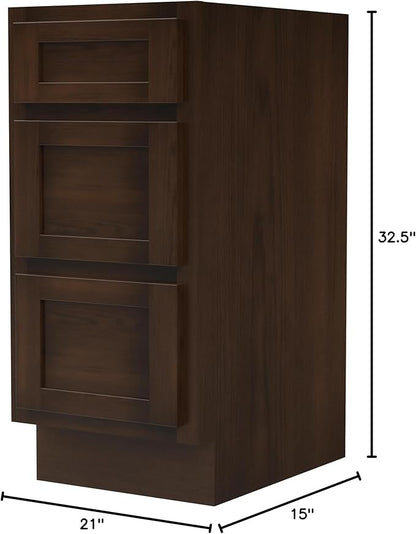 HomeBeyond 15 Inch Bathroom Vanity Base Only, Single Vanity Cabinet with 3 Dove-Tailed Drawers, Composable Floor Mount Cabinets without Top, Brown