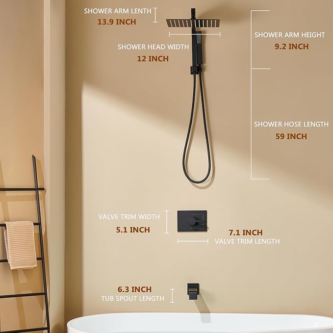 shower system with tub spout and 12 Inch Rain Shower Heads with Handheld Spray, Shower Faucet Set Dual Shower Heads with Handheld Spray Combo, Black Shower Head and Handle Set