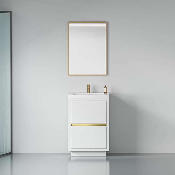 24 Inch Bathroom Vanity with Sink, Single Sink Bathroom Vanity, Freestanding Vanity Bathroom Soft Closed 2 Drawers, Integrated Sink (Glossy White)
