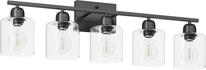 Modern 5 Light Bathroom Vanity Light, 31 inch Black Bathroom Lights Fixtures, Vanity Lights with Clear Glass for Mirror Kitchen Living Room Hallway Cabinet Porch
