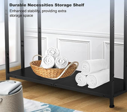 Extra Large Free Standing Towel Rack, Black | 3 Tiers Heavy Duty Blanket Drying Stand Holder with Metal Storage Shelf & 6 Hooks for Bathroom, Pool, Bedroom, Living Room