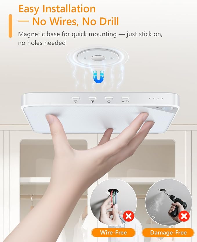 Rechargeable 6W Motion Sensor Light Indoor for Closet,Ceiling&Shower,2-Pack | No Wiring & Magnetic Stick-on Installation•Remote Control•5 Brightness Levels & 3 Color Temperatures•Ideal for Small Spaces