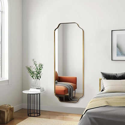 18" x 48" Full Length Wall Mirror, Large Brushed Gold Bathroom Mirror for Wall, Scalloped Corner Rectangle Body Mirror for Floor and Leaning