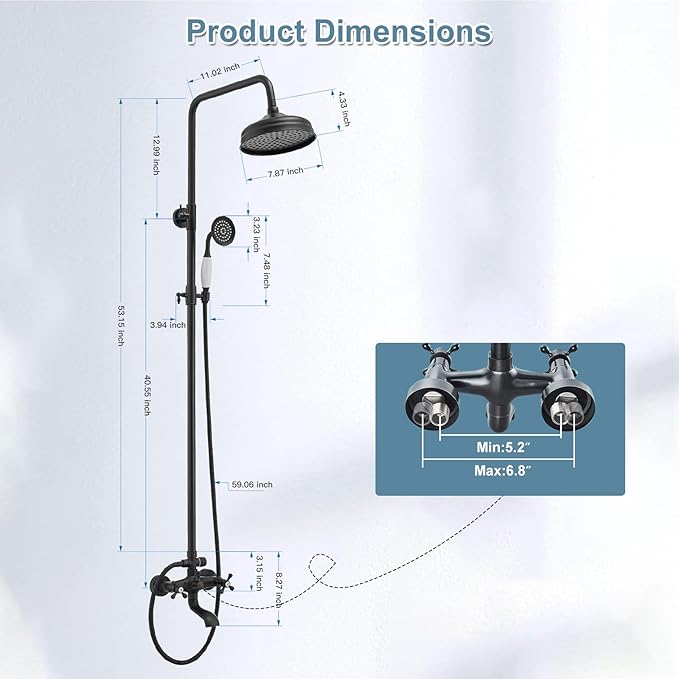 BWE Exposed Bathroom Shower Faucet Set Black Bathroom Shower Faucet Triple Functions 8 Inch Rainfall Shower Head Handheld Spray with Tub Spout Exposed Shower System Double Handle