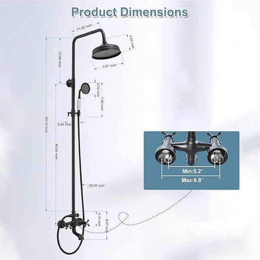 BWE Exposed Bathroom Shower Faucet Set Black Bathroom Shower Faucet Triple Functions 8 Inch Rainfall Shower Head Handheld Spray with Tub Spout Exposed Shower System Double Handle