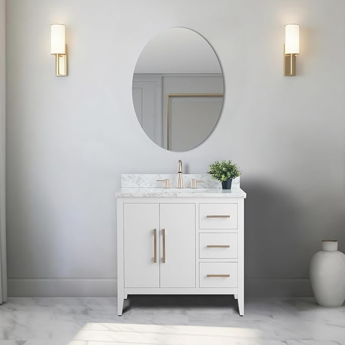 Vanity Art 36 inch Bathroom Vanity with Single Sink & Ceramic Top, Vanity Cabinet with Soft-Closing Doors, Drawers, Solid Wood Frame, White, VA9036-W-BN1