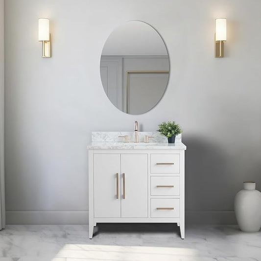 Vanity Art 36 inch Bathroom Vanity with Single Sink & Ceramic Top, Vanity Cabinet with Soft-Closing Doors, Drawers, Solid Wood Frame, White, VA9036-W-BN1