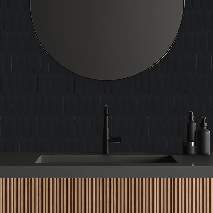 Black Peel and Stick Picket Backsplash Tile, Ceramic Look Long Hexagon Self Adhesive Stick on Wall Tiles for Kitchen Bathroom, Pack of 6