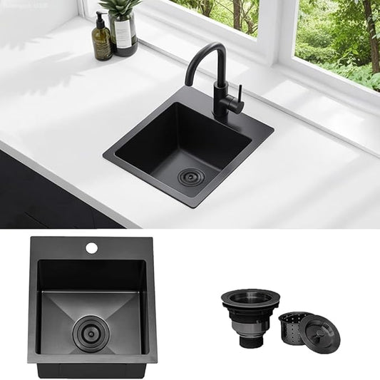 KINGO HOME Black Bar Sink Drop In,13 x 15 Inch Topmount RV 16 Gauge Gunmetal Black Stainless Steel Single Bowl Small Kitchen Sinks,Outdoor Camper Wet Bar Perp Sink with Drain