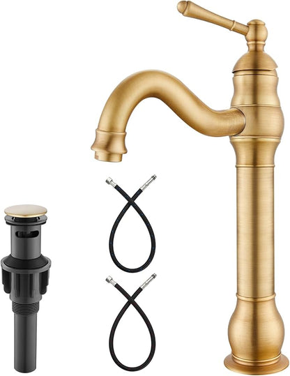 Heyalan Tall Vessel Sink Faucet, Single Handle 1-Hole,Antique Brass | SUS304 stainless steel, 360° swivel spout, includes pop-up drain & hoses, deck mount 1-hole, tall design for vessel sink