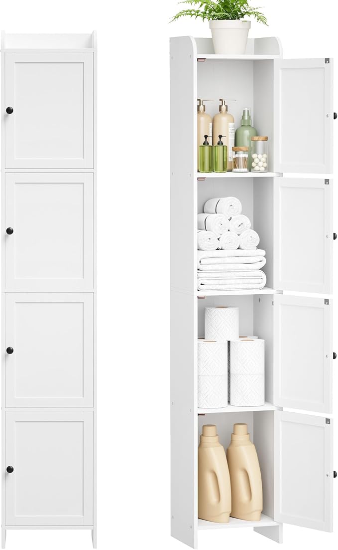Slim Bathroom Storage Cabinet, Reversible Door Installation | Tall Narrow Storage Cabinet with Door and Shelves, Easy Assembly, 9.8 x 11.8 x 63.4 Inches, for Small Spaces, White