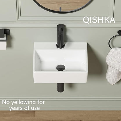 Wall Mounted Bathroom Vessel Sink, QISHKA 15" X 12" Rectangular Floating Ceramic Wash Hand Basin White Wall Hung Vanity Sink for Bathroom and Cloakroom