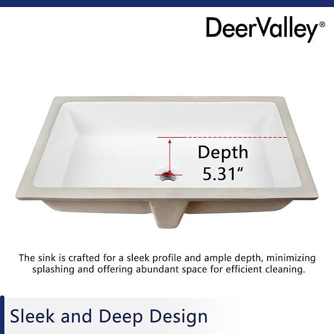 DeerValley DV-1U0132 Undermount Bathroom Sink 27.56"x15.87" White Rectangular Ceramic Sink Bathroom Wash Basin with Overflow Hole