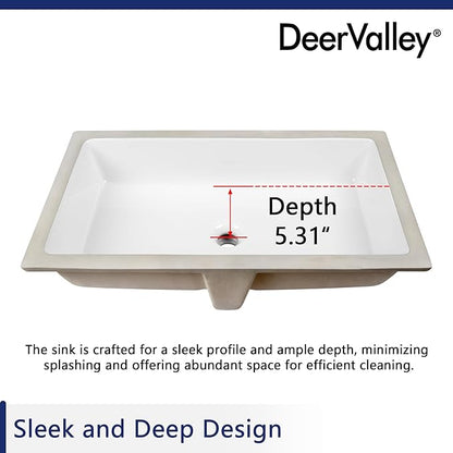 DeerValley DV-1U0132 Undermount Bathroom Sink 27.56"x15.87" White Rectangular Ceramic Sink Bathroom Wash Basin with Overflow Hole