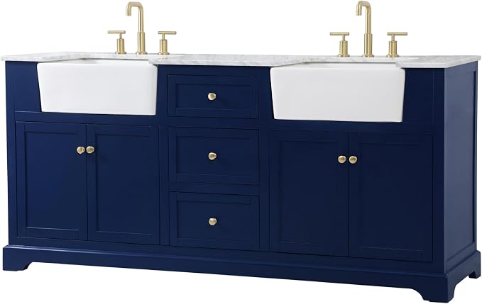 72" Pre-Assembled Bathroom Vanity with Sink, Solid Birch and MDF, Carrara White Marble Countertop Attached, Double Rectangle Porcelain Sink, 3 Soft-Close Drawers, Blue