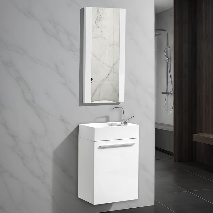 Blossom 18-Inch Floating Bathroom Vanity with Acrylic Sink and Mirror, All-Wood Construction, Space-Saving Wall Mounted Vanity for Compact Bathrooms, Modern Design Bathroom Sink Cabinet, Glossy White
