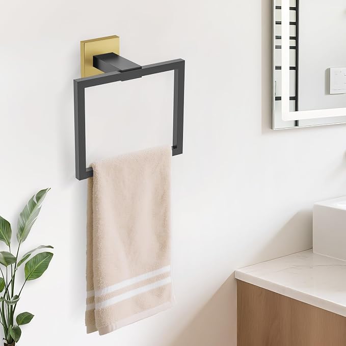 TURS Bathroom Hardware Set Black and Gold 4-Piece Towel Bar Set Include 24 Inch Towel Bar Towel Ring Towel Hook Toilet Paper Holder with Shelf Wall Mounted.