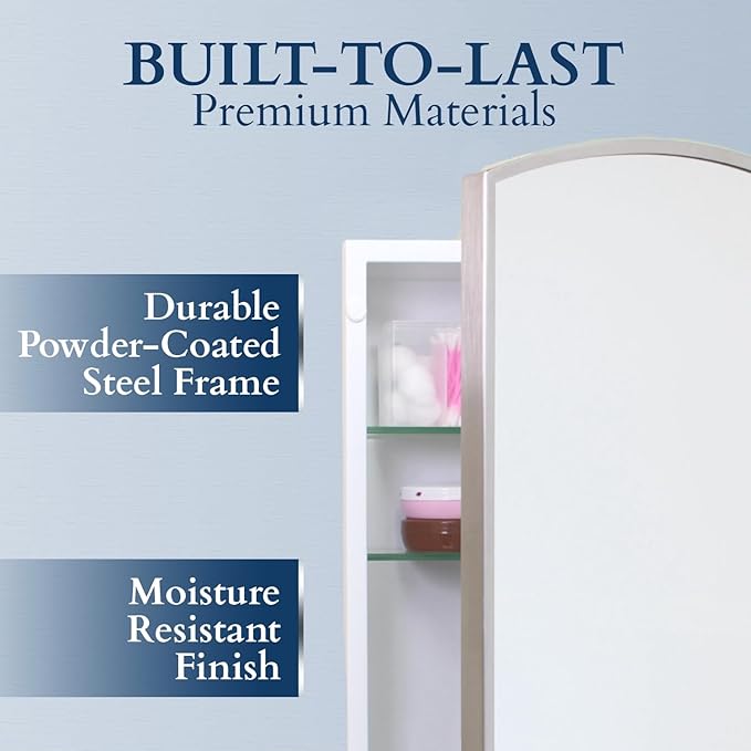 Fox Hollow Furnishings 16x20 Harper Crescent Metal Framed Rectangle Recessed Bathroom Medicine Cabinet, Arced Mirror, 14x18 in-Wall Opening, Adjustable Glass Shelves, Magnet Close, White