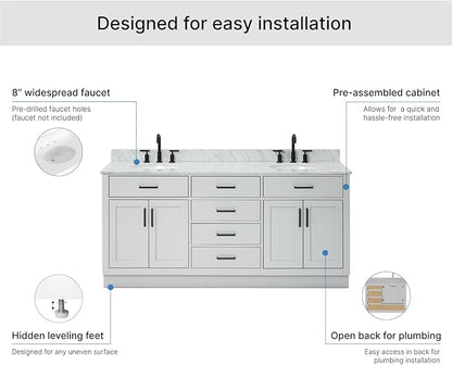 ARIEL Hepburn 72-inch Bathroom Vanity with Sink,Solid Wood, 0.75-inch Italian Carrara Marble Countertop & Backsplash, Double Oval Porcelain Sink, 4 Soft Closing Doors, 6 Dovetail Drawers, Grey
