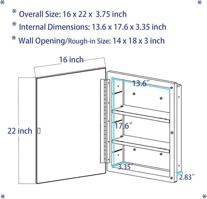 Black Plastic Bathroom Medicine Mirror Cabinet 16 x 22 inch, Surface and Recessed Mount, Beveled Edge Mirror