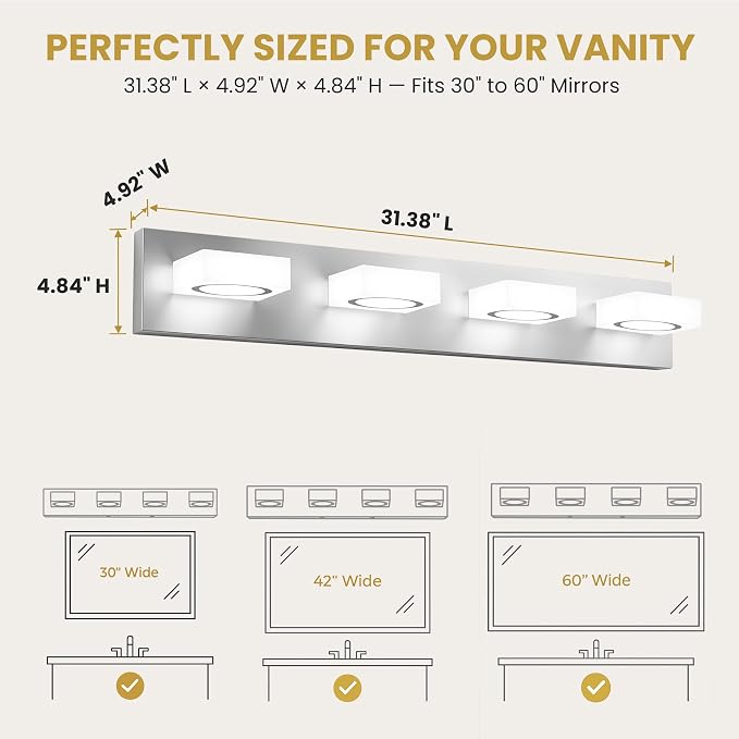 Bathroom Vanity Light, 4-Light 31 Inch Brushed Nickel 5CCT 2700-6500K LED Bathroom Light Fixtures Over Mirror, Vanity Lighting Modern Bath Wall Sconce for Mirror Bedroom Living Room