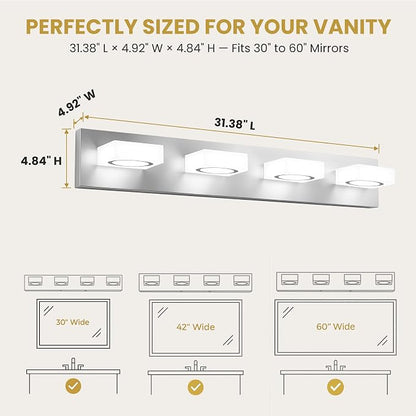 Bathroom Vanity Light, 4-Light 31 Inch Brushed Nickel 5CCT 2700-6500K LED Bathroom Light Fixtures Over Mirror, Vanity Lighting Modern Bath Wall Sconce for Mirror Bedroom Living Room