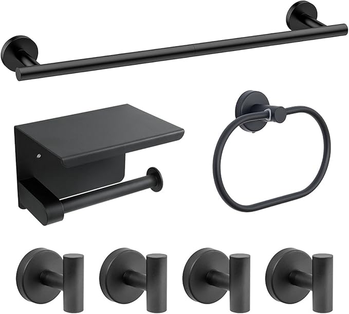 7-Piece Bathroom Hardware Accessories Set, SUS304 Towel Bar, Black | 25.9-Inch Towel Rack, Oval Towel Ring, Toilet Paper Holder with Shelf & 4 Robe Towel Hooks, Wall-Mounted Towel Holder Set